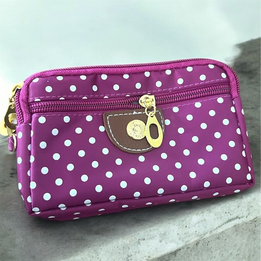Women's Pink Polka Dot Canvas Wristlet Wallet Four Zippers Spacious Interior New